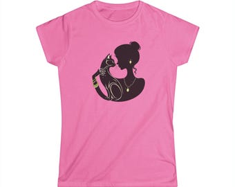 Camiseta con ilustración de silueta de mujer con gato / Camiseta para amantes de los gatos