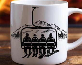 Ski Lift Chair Illustration Mug | Mountain Skiers, Retro Black Ink