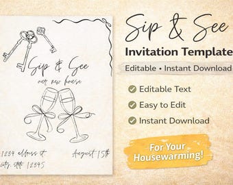 Plantilla de invitación para inauguración de casa "Sip and See" / Invitación editable en Canva (Descarga digital)