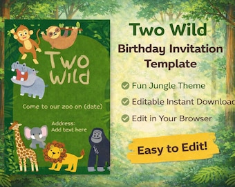 Zwei Wilde Safari Geburtstagseinladungs Vorlage | Jungle Party Invite (Digitaler Download)
