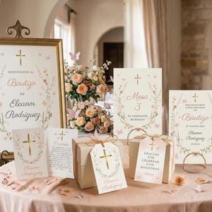 Spanish Floral Baptism Invitation Bundle, Blush Butterfly Bautizo Template (Digital Download)