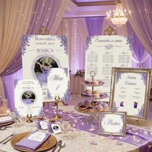 May include: A collection of event stationery featuring purple floral accents, including a welcome sign for Jessica's XV years, a seating chart, a menu, a dessert sign, and table cards, all displayed on a table with a purple runner and fairy lights.