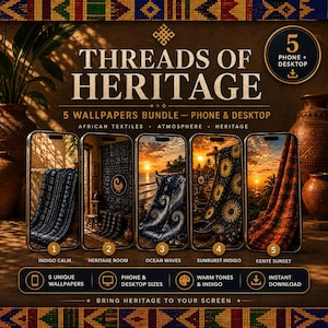 May include: A digital bundle of five wallpapers for phone and desktop titled Threads of Heritage. The image displays five smartphone screens showcasing distinct textile patterns, including indigo blue fabrics and sunset landscapes, with text labels for each design.