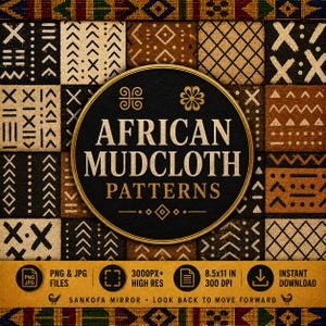 以下が含まれることがあります： AFRICAN MUDCLOTH PATTERNSという金色の文字が中央の黒い円形エンブレムに記された、アフリカの泥染め布パターンのデジタルコレクション。背景には黒、茶、ベージュの様々な幾何学模様がグリッド状に配置されている。