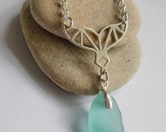 Sea Glass Necklace, Aqua Sea glass, Silver Whale Tail, Sea Glass Jewellery, Rare Sea Glass, Seaham, English Sea Glass