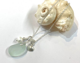 Sea Glass Necklace, Aqua Sea glass Necklace, Sea glass Cluster Necklace, Pearl and Shell, Sterling Silver Pendant Necklace