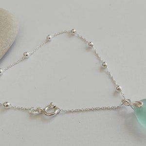 Sea Glass Bracelet, Sterling Silver Bracelet, Satellite chain Bracelet, Sea Glass Charm, Aqua Sea glass, Seaham Sea Glass image 1