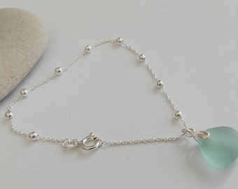 Aqua Sea Glass Bracelet: Sterling Silver Satellite Chain, Seaham Glass
