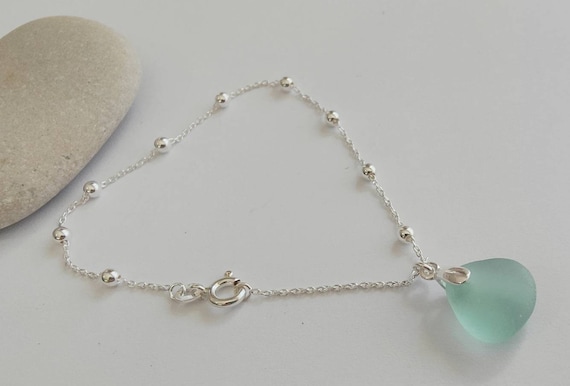 Aqua Sea Glass Bracelet: Sterling Silver Satellite Chain, Seaham Glass