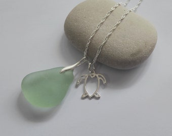 Sea Glass Necklace, Sterling Silver Necklace, Turtle Charm, Aqua Sea Glass, Seaham Sea Glass