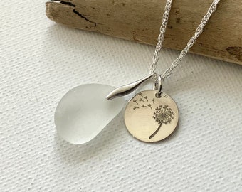 Sea Glass Necklace, Sterling Silver Necklace, Make A Wish, Dandelion Clock Charm, White Sea Glass, Seaham Sea Glass