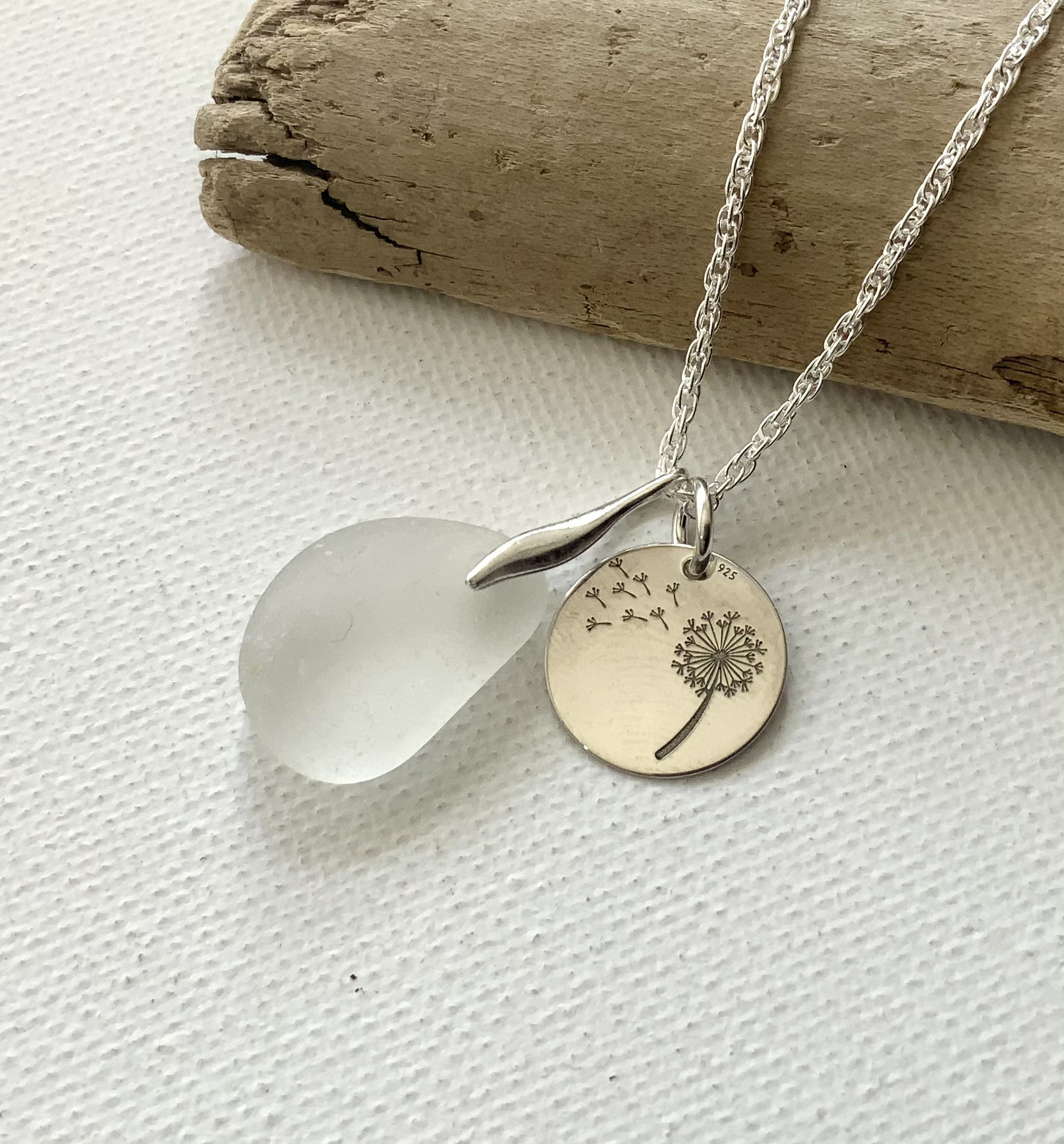 Sea Glass Necklace, Sterling Silver Necklace, Make A Wish, Dandelion Clock Charm, White Sea Glass, Seaham Sea Glass
