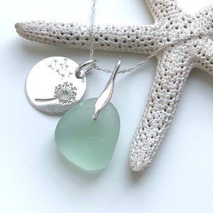 Sea Glass Necklace, Sterling Silver Necklace, Make A Wish, Dandelion Clock Charm, Aqua Sea Glass, Seaham Sea Glass