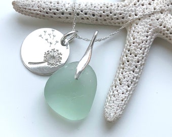 Sea Glass Necklace, Sterling Silver Necklace, Make A Wish, Dandelion Clock Charm, Aqua Sea Glass, Seaham Sea Glass