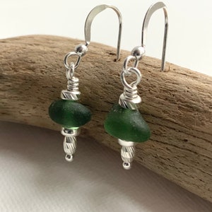 Green Sea Glass Earrings: Teardrop Sterling Silver, Seaham England