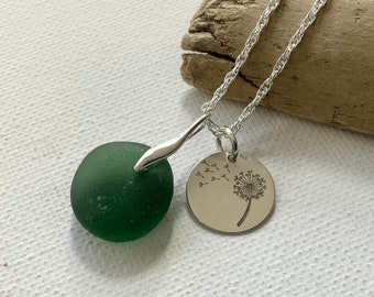 Sea Glass Necklace, Sterling Silver Necklace, Make A Wish, Dandelion Clock Charm, Green Sea Glass, Seaham Sea Glass