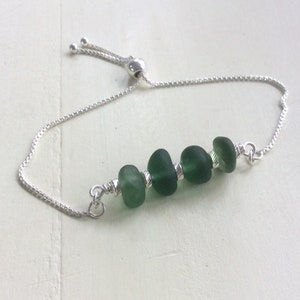 Sea Glass Bracelet, Sterling Silver Green Sea Glass Bracelet, adjustable bracelet