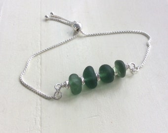 Sea Glass Bracelet, Sterling Silver Green Sea Glass Bracelet, adjustable bracelet