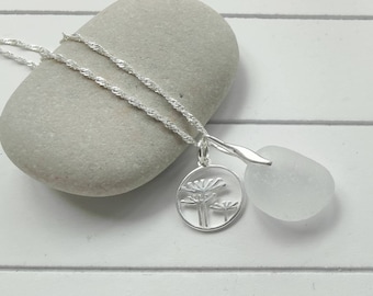 Sea Glass Necklace, Sterling Silver Necklace, Queen Annes Lace Charm, silver Charm, White Sea Glass, Seaham Sea Glass