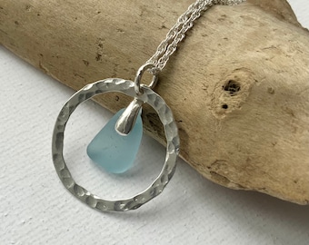 Sea Glass Necklace, Aqua Sea Glass, Sterling Silver Circle Necklace, Rare Sea Glass, Seaham Sea glass