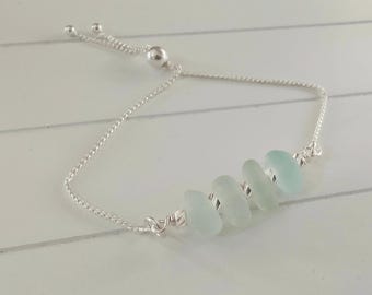 Sea Glass Bracelet: AquaSeaglass Adjustable Sterling Silver Chain