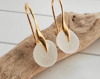 Sea Glass Earrings, White Sea Glass, Gold Vermeil Earrings, Seaham Sea Glass