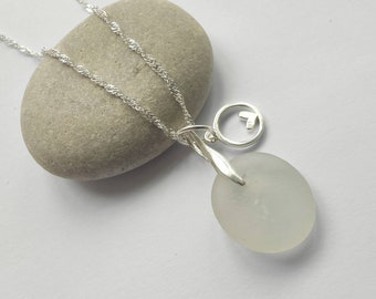 Sea Glass Necklace, Sterling Silver Necklace, With Love, Silver Heart Charm, White Sea Glass, Seaham Sea Glass