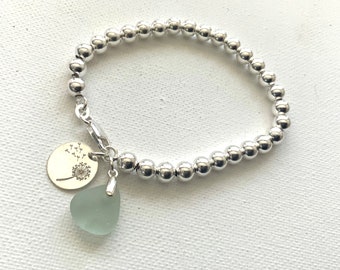 Sea glass bracelet, sterling silver, make a wish, dandelion clock charm, sea glass, Seaham sea glass