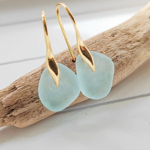Sea Glass Earrings, Aqua Sea Glass, Gold Vermeil Earrings, Seaham Sea Glass