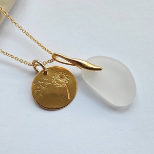Sea Glass Necklace, Gold Necklace, Make A Wish, Dandelion Charm, White Sea Glass, Seaham Sea Glass, Gold Vermeil Charm, Gold Filled Chain