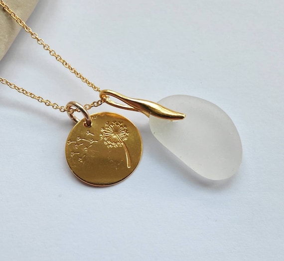 Sea Glass Necklace, Gold Necklace, Make A Wish, Dandelion Charm