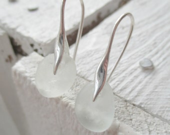 Sea Glass Earrings, White Sea Glass Sterling Silver Earrings, Seaham Sea Glass