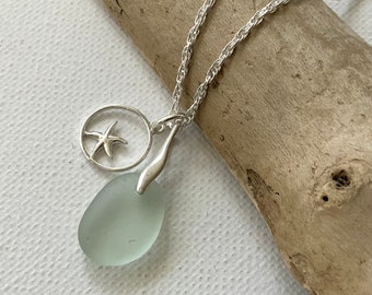 Sea Glass Necklace, Sterling Silver Necklace, Star Fish Charm, silver Charm, Aqua Sea Glass, Seaham Sea Glass