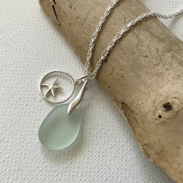 Sea Glass Necklace, Sterling Silver Necklace, Star Fish Charm, silver Charm, Aqua Sea Glass, Seaham Sea Glass