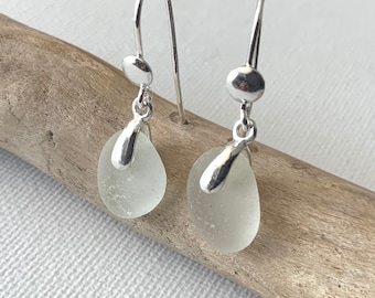 Sea Glass Earrings, White Sea Glass, Sterling Silver Earrings, Seaham Sea Glass