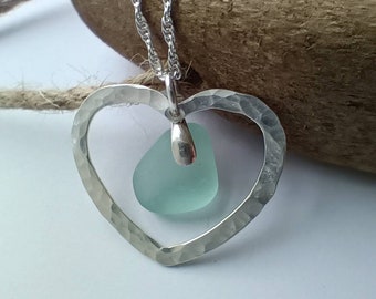 Sea Glass Necklace, Sterling Silver Necklace, Hammered Silver Heart, Sea Glass Pendant, Seaham Sea glass, Aqua Sea Glass