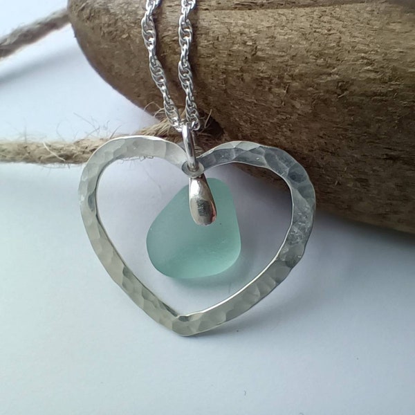 Sea Glass Necklace, Sterling Silver Necklace, Hammered Silver Heart, Sea Glass Pendant, Seaham Sea glass, Aqua Sea Glass