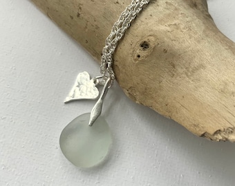 Sea Glass Necklace, Sterling Silver Necklace, Aqua Sea Glass, Sea Glass Jewellery, Sterling Silver, Hammered Heart Charm, English Sea Glass