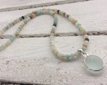 Frosted Amazonite Necklace, Sea Glass Charm, Sterling silver, Aqua Sea glass, Seaham Sea glass, sea glass necklace