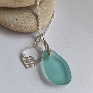 Sea Glass Necklace, Sterling Silver Necklace, Calm Sea, Wave Charm, Aqua Sea Glass, Seaham Sea Glass