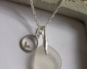 Sea Glass Necklace, Sterling Silver Necklace, With Love, Silver Heart Charm, white Sea Glass, Seaham Sea Glass