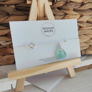 Sea Glass Bracelet, Sterling Silver Bracelet, Satellite chain Bracelet, Sea Glass Charm, Aqua Sea glass, Seaham Sea Glass image 2