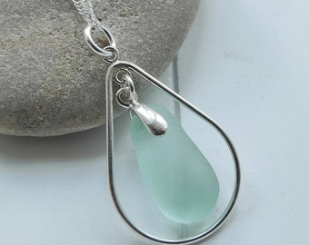 Sea Glass Necklace, Aqua Sea Glass, Sterling Silver Teardrop Necklace, Rare Sea Glass, Seaham Sea glass