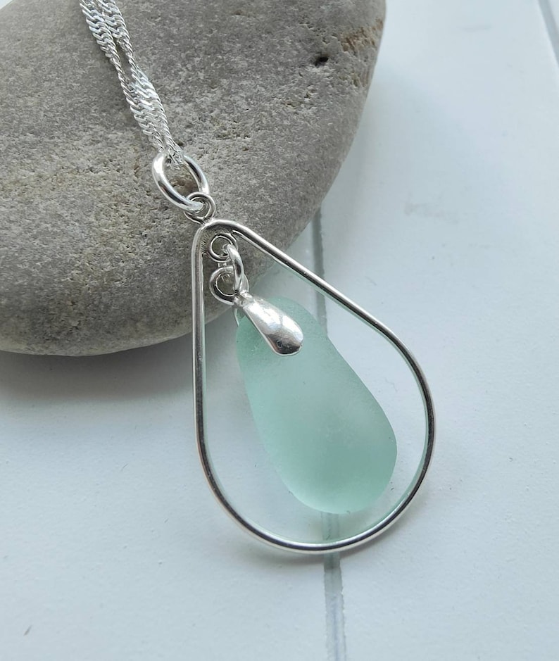 Sea Glass Necklace, Aqua Sea Glass, Sterling Silver Teardrop Necklace, Rare Sea Glass, Seaham Sea glass image 1