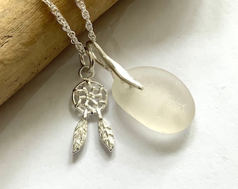 Sea Glass Necklace, Sterling Silver Necklace, Dream Catcher Charm, White Sea Glass, Seaham Sea Glass