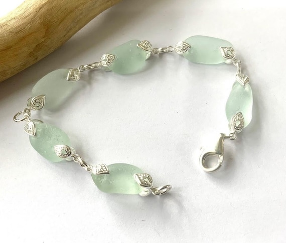 Sea Glass Bracelet, Aqua Sea Glass, Sterling Silver Bracelet, Seaham Sea Glass