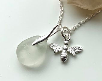 Sea Glass Necklace, Sterling Silver Necklace, Bee Happy, Sterling Silver Bee Charm, White Sea Glass, Seaham Sea Glass