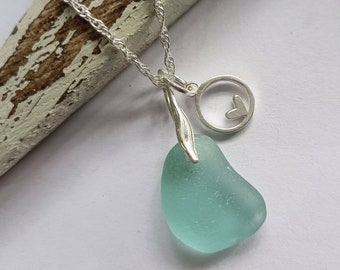 Sea Glass Necklace, Sterling Silver Necklace, With Love, Silver Heart Charm, Aqua Sea Glass, Seaham Sea Glass