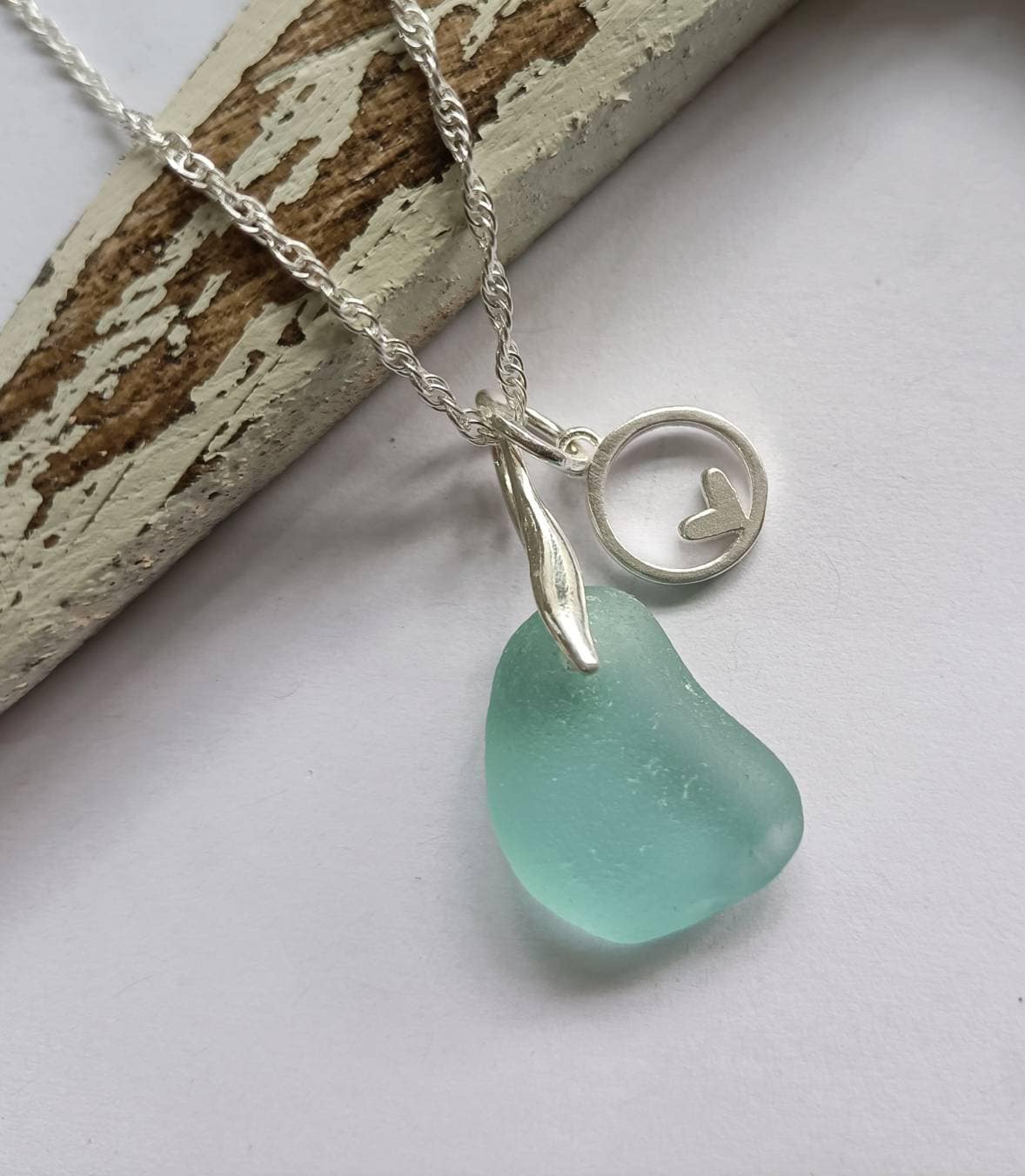 Sea Glass Necklace, Sterling Silver Necklace, With Love, Silver Heart Charm, Aqua Sea Glass, Seaham Sea Glass