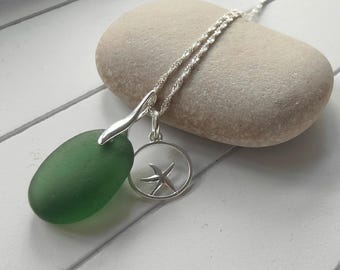 Sea Glass Necklace, Sterling Silver Necklace, Starfish Charm, silver Charm, Green Sea Glass, Seaham Sea Glass